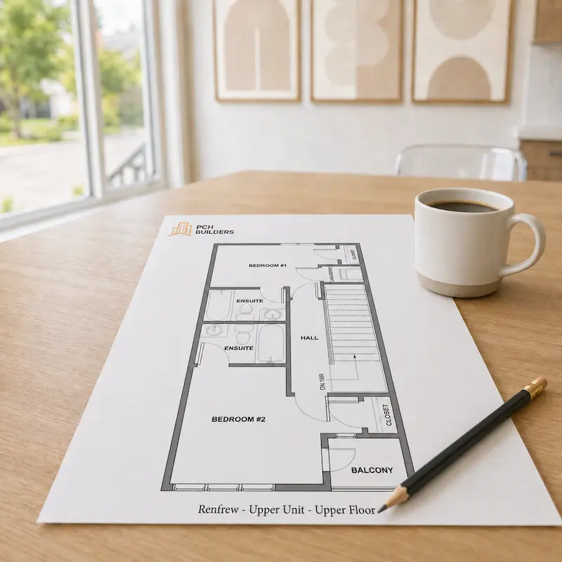 Renfrew Calgary townhome upper unit floorplan on a desk