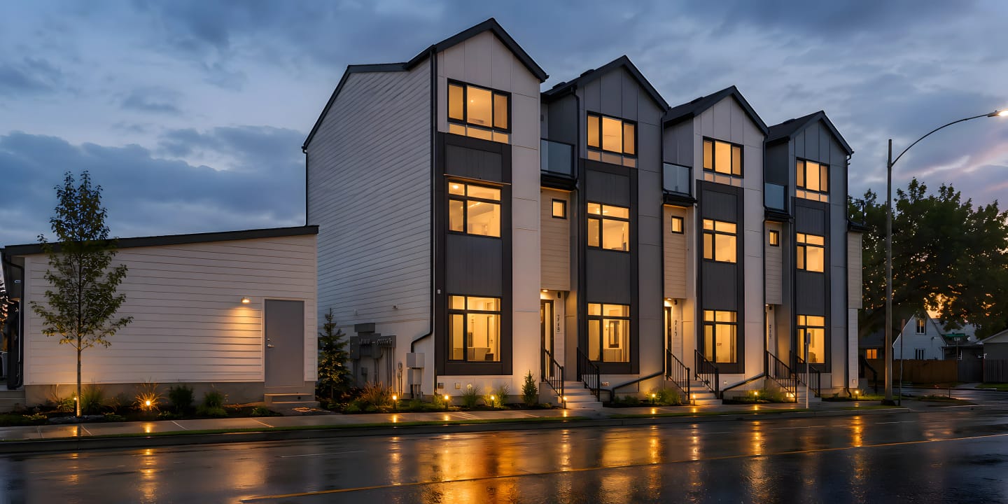 PCH Renfrew multi-level homes at dusk with warm interior lights and wet street reflections