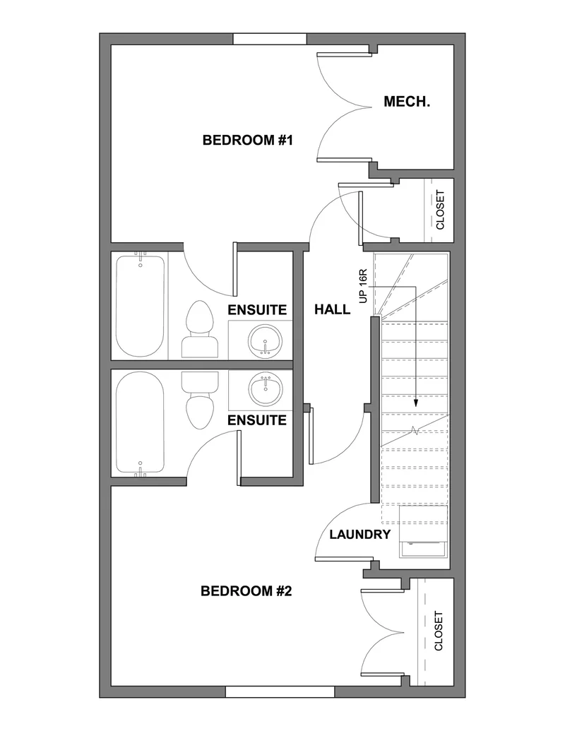 Lower floor plan of a Renfrew Lower unit showing two bedrooms each with ensuite, laundry, mechanical room, and closets