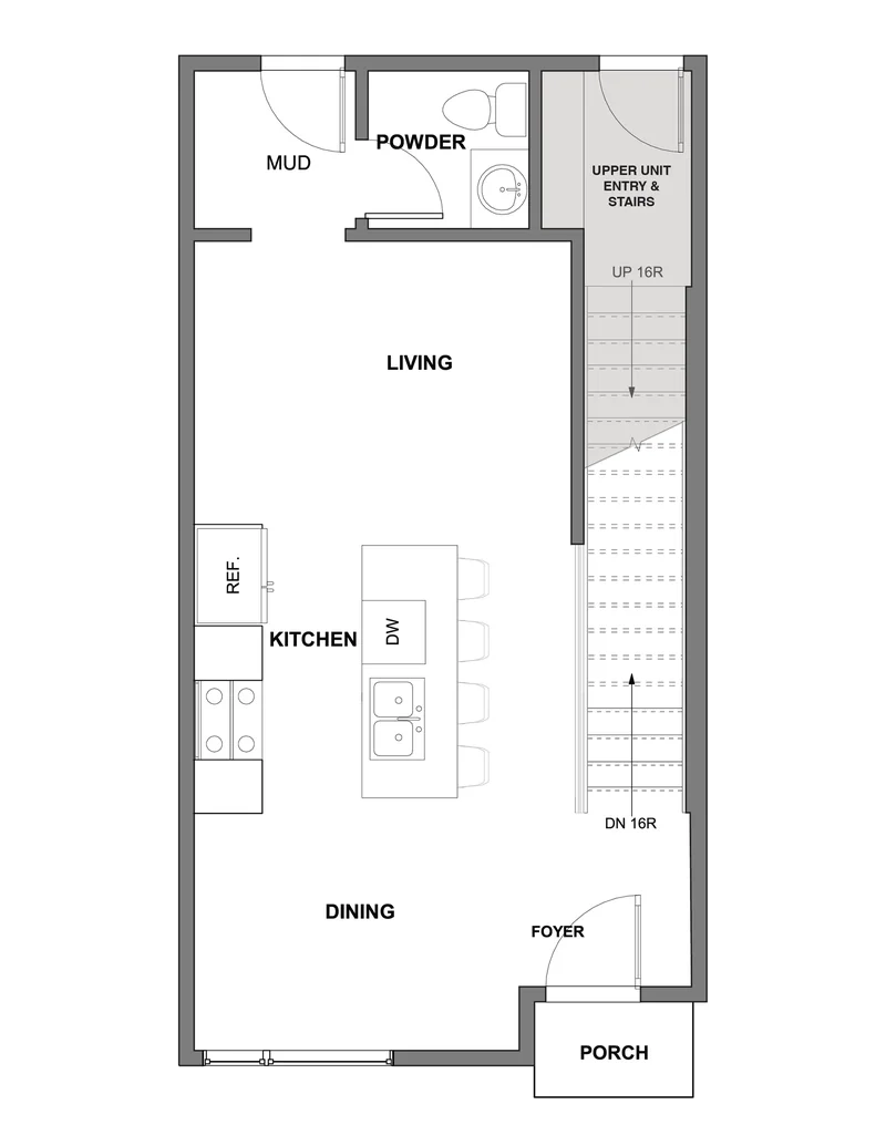 Main floor plan of a Renfrew Lower unit showing kitchen, dining, living, mud room, powder room, and porch