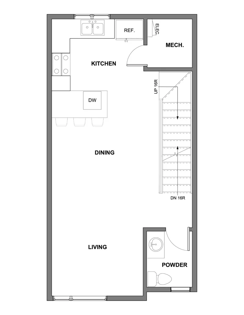 Main floor plan of a Renfrew Upper unit showing open-concept kitchen, dining, living, powder room, and stairs