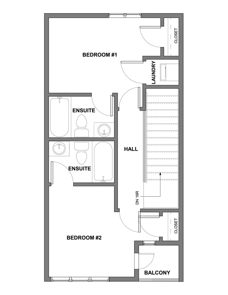 Upper floor plan of a Renfrew Upper unit showing two bedrooms each with ensuite, hall, laundry, and primary bedroom balcony