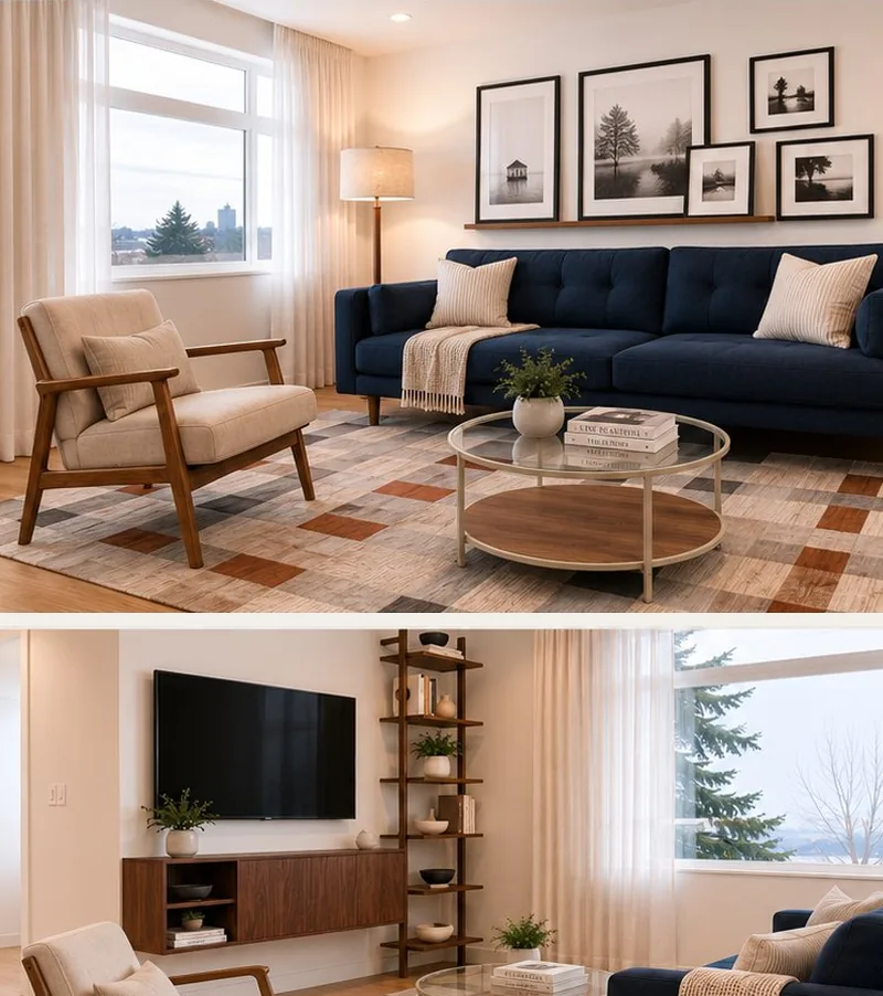 Two staged living room views in a Renfrew Urban Multi-level Home, featuring a navy sofa with gallery wall and a wall-mounted media console with large window