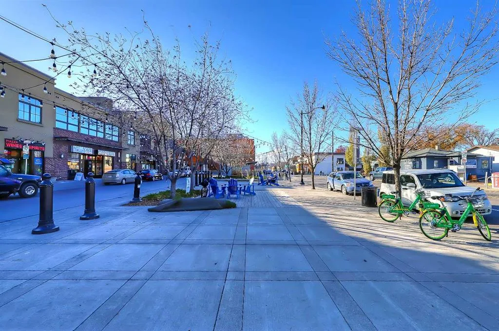 Bridgeland public plaza with seating and bike share stations
