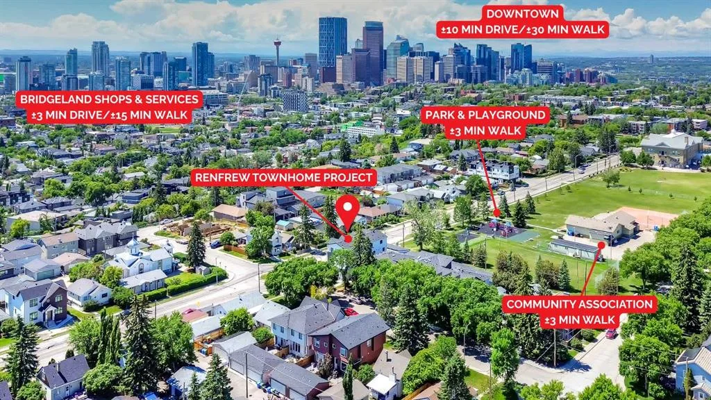 Aerial map showing walking and driving distances from the Renfrew townhome project to downtown Calgary and Bridgeland