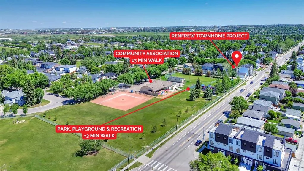 Aerial map showing walking distances to the community association and neighborhood park