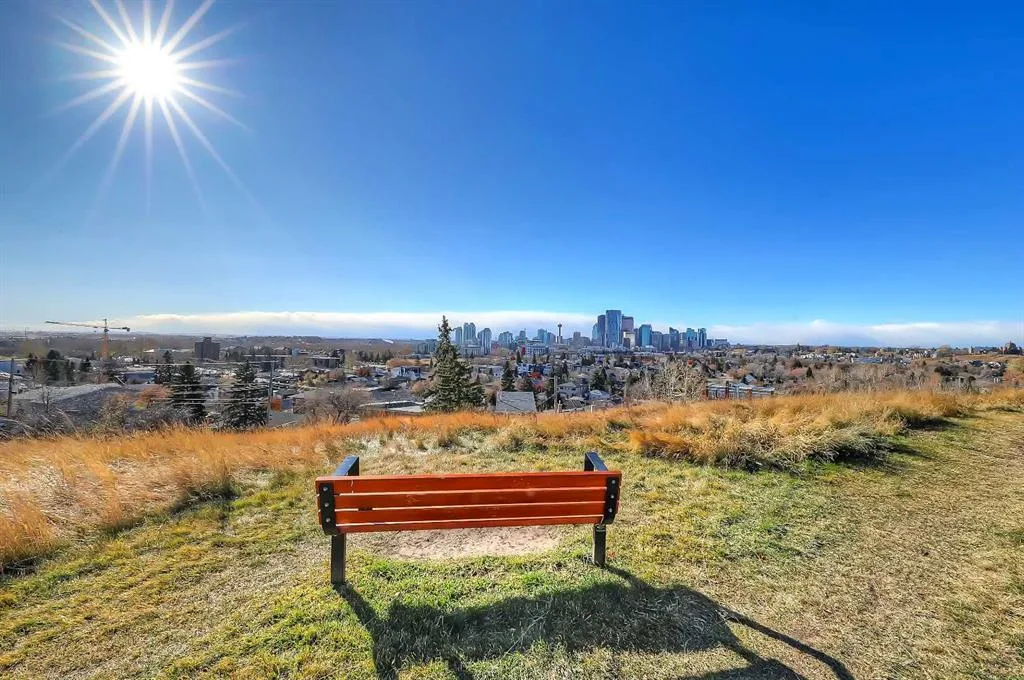 Park bench overlooking the downtown Calgary skyline on a sunny day