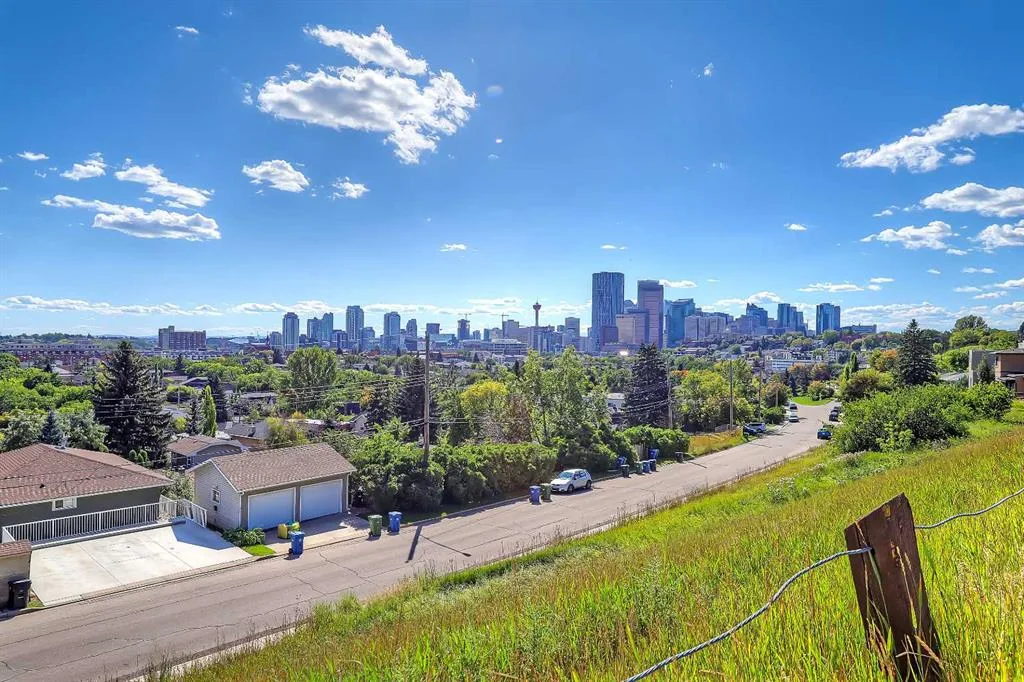 View of the downtown Calgary skyline from a nearby residential street