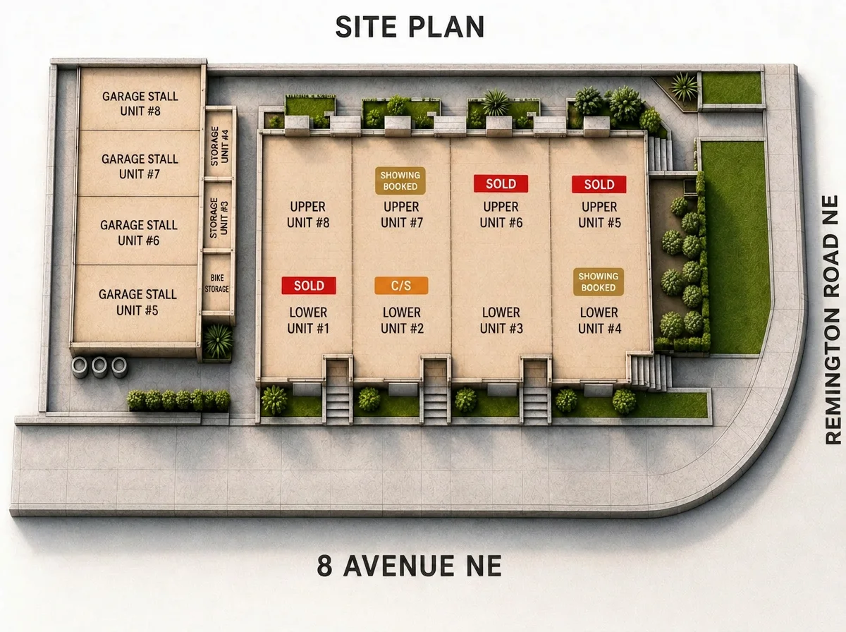 Renfrew site plan showing unit layout and current availability at 828 8 Avenue NE, Calgary