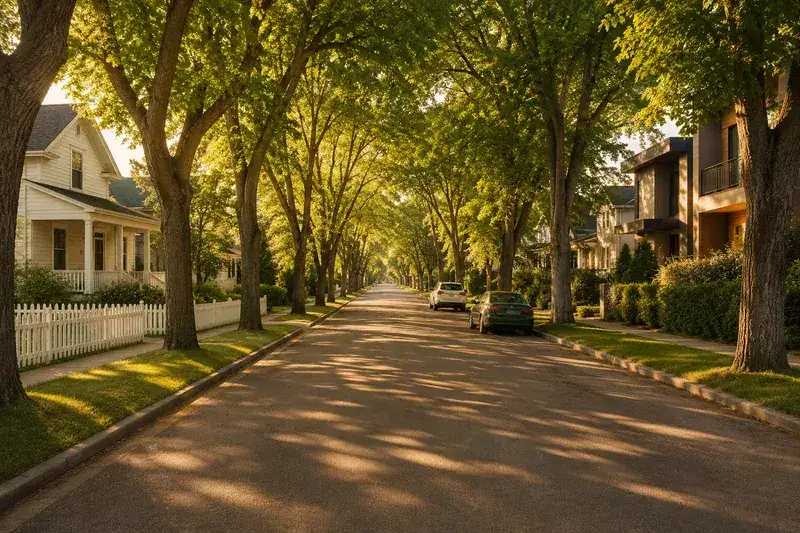 Mature tree-lined inner-city Calgary street at golden hour with character homes and modern infills